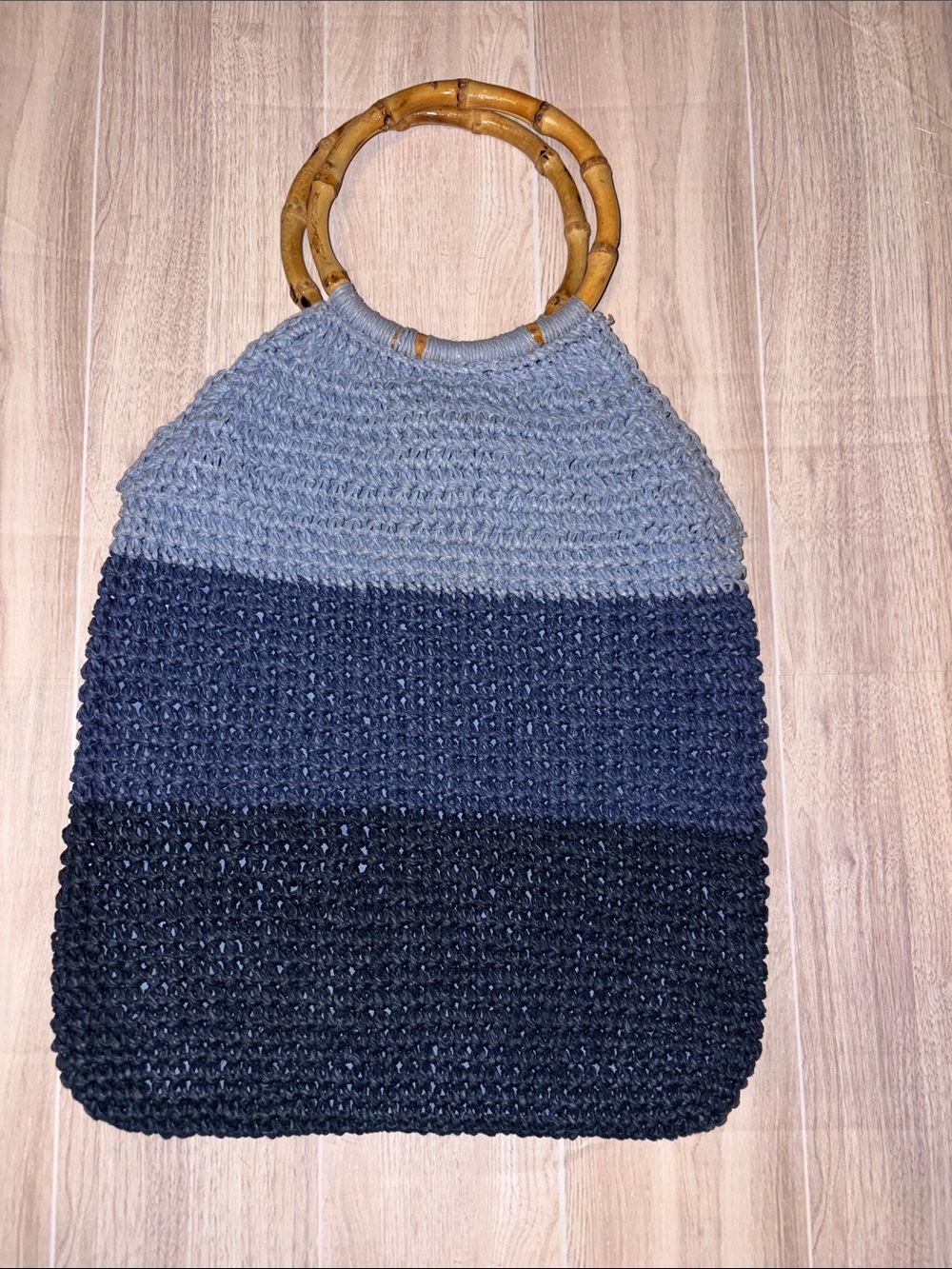 Bamboo Handle Gradient Blue Crochet Tote